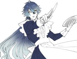  alternate_costume antenna_hair apron at_knifepoint blue_dress blue_hair butter_knife collared_dress commentary_request cowboy_shot crossdressing crossdressing_(mtf) crossed_bangs dress enmaided flins_(genshin_impact) frilled_apron frills genshin_impact gloves gradient_hair grey_hair hair_between_eyes highres holding holding_knife holding_tray juliet_sleeves knife long_hair long_sleeves looking_at_viewer maid maid_apron male_focus male_maid multicolored_hair no_pupils npn puffy_sleeves solo threat tray upper_body very_long_hair white_apron white_gloves yellow_eyes 