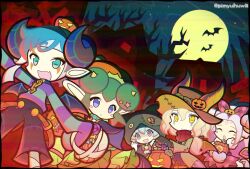  2boys 3girls ^_^ animal_hands aqua_sweater arm_up bag bare_tree basket bat_(animal) bell black_capelet black_gloves black_hat black_pants black_shirt black_wings blonde_hair blue_eyes blue_hair blue_horns blush_stickers bow bowtie broken broken_chain brown_coat building candy capelet chain closed_eyes closed_mouth coat collar commentary_request curled_horns demon_boy demon_horns demon_wings donut_hair_bun double_bun dress dutch_angle ear_tufts facial_mark fang food forehead_mark forward-facing_horns frilled_sleeves frills full_moon gloves green_hair hair_bow hair_bun hair_ornament halloween halloween_bucket halloween_costume hat holding holding_bag holding_basket holding_halloween_bucket hood hood_up hooded_capelet horizontal_pupils horns jack-o'-lantern jack-o'-lantern_hair_ornament jingle_bell lagash_(puyopuyo) lagash_(ver._hw)_(puyopuyo) lidelle_(puyopuyo) lidelle_(uncanny)_(puyopuyo) long_hair long_sleeves medium_hair moon multiple_boys multiple_girls neck_bell neck_warmer night official_alternate_costume official_style open_mouth orange_eyes orange_hat orange_horns outdoors pants paper_bag parted_lips patchwork_clothes paw_gloves paw_pose pimyuhuwa pink_bow pink_dress pointy_ears purple_collar purple_sweater puyopuyo puyopuyo_quest red_bow red_bowtie shirt short_hair short_sleeves skin_fang sleeves_past_fingers sleeves_past_wrists smile standing star_(symbol) star_hair_ornament striped_clothes striped_sweater sweater tree twitter_username two-sided_fabric two-sided_headwear two-tone_sweater una_(puyopuyo) uruk_(puyopuyo) uruk_(ver._hw)_(puyopuyo) wings yu_(puyopuyo) 