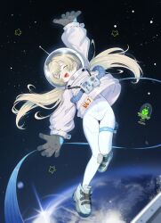  1girl absurdres alien arm_up black_gloves blonde_hair bodysuit closed_eyes earth_(planet) floating floating_clothes floating_hair full_body gloves helmet highres long_hair long_sleeves midair open_mouth original oversized_clothes phi_khong_bay planet shoes smile sneakers solo_focus space space_helmet spacesuit tether thigh_strap twintails ufo zero_gravity 