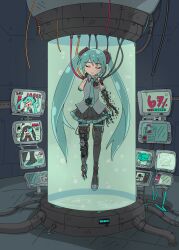  1girl absurdres alt_text amputee android aqua_eyes black_skirt closed_eyes commentary english_commentary grey_shirt hatsune_miku highres mechabare mechanical_legs miniskirt monitor pleated_skirt shirt skirt solo stasis_tank sydney_pulp twintails unconscious vocaloid 