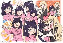  >_< >_o 2girls absurdres ahoge animal_ears black_shirt blonde_hair blush bracelet bright_pupils cat_ears chinese_commentary cho_kaguya-hime! closed_eyes commentary_request crescent crying crying_with_eyes_open flower frown green_eyes heart highres hug jewelry kaguya_(cho_kaguya-hime!) llllwewewe long_hair multiple_expressions multiple_girls multiple_views musical_note official_alternate_costume one_eye_closed open_mouth pajamas pink_flower pink_pajamas profile sakayori_iroha shirt smile sun_symbol t-shirt tears upper_body white_pupils 