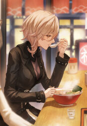  1girl black_coat bowl breasts brown_eyes brown_hair chopsticks coat commentary_request eating food from_side highres holding holding_chopsticks holding_spoon honkai:_star_rail honkai_(series) isome kuchiba_(honkai:_star_rail) long_sleeves looking_ahead medium_breasts medium_hair noodles ramen sitting solo spoon 
