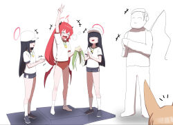  1boy 4girls absurdres animal_ears baseball_cap black_hair black_shoes black_shorts blonde_hair blue_archive blunt_bangs breasts chinese_commentary closed_eyes commentary_request covered_eyes doodle_sensei_(blue_archive) food fox_ears full_body halo happy hat highres jinrou_mangfu junko_(blue_archive) justice_task_force_(blue_archive) long_hair low_twintails medal multiple_girls open_mouth red_hair red_halo red_wings rumi_(blue_archive) sensei_(blue_archive) shirt shoes shorts simple_background small_breasts socks solo_focus standing twintails v white_background white_hat white_shirt white_shoes white_socks wings zongzi 
