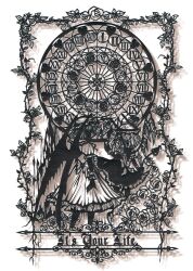  2girls bat_wings border clock commentary_request crystal_wings english_text facing_away facing_back facing_viewer flandre_scarlet frilled_wrist_cuffs frills greyscale hat holding holding_pole laevatein_(touhou) lastmoon medium_hair mob_cap monochrome multiple_girls ornate_border paper_cutout_(medium) papercraft_(medium) pole puffy_short_sleeves puffy_sleeves remilia_scarlet roman_numeral shirt short_sleeves siblings sisters skirt touhou unconventional_media wings wrist_cuffs 