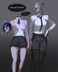  2girls bare_legs belt black_necktie black_pants black_ribbon black_skirt breasts chainsaw_man cigarette collared_shirt commentary disembodied_head dress_shirt english_commentary english_text eyepatch green_eyes hair_between_eyes highres holding holding_detached_head medium_breasts multiple_girls neck_ribbon necktie pants parted_lips purple_hair quanxi_(chainsaw_man) reze_(chainsaw_man) ribbon shirt skirt sleeveless sleeveless_shirt speech_bubble teeth tsukuyo_90929 white_hair 