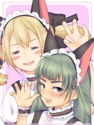  2girls =_= animal_ears black_dress blonde_hair cat_day cat_ears claw_pose collar commentary_request dated_commentary dress drooling enmaided fake_animal_ears frilled_collar frills green_eyes green_hair hiyajou_maho in-franchise_crossover koujiro_frau long_hair maid maid_headdress mayqueen_maid_uniform multiple_girls nishizono_karin pinafore_dress robotics;notes science_adventure shirt sleeveless sleeveless_dress steins;gate steins;gate_0 two_side_up very_long_hair white_shirt 