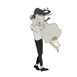  1boy 1girl barefoot black_hair black_pants black_shoes blonde_hair commentary_request couple dress full_body grey_dress hands_on_another's_hips hands_on_another's_shoulders hetero highres loafers long_dress long_hair long_sleeves looking_at_another pants shirt shoes short_hair short_sleeves sidelocks smile spy_x_family t-shirt tarutaruso3 twilight_(spy_x_family) twitter_username white_background white_shirt yor_briar 