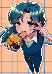  1girl absurdres blue_hair blue_pants blue_sweater_vest brown_background brown_eyes burger commentary_request eating feet_out_of_frame food grid_background highres holding holding_burger holding_food idolmaster idolmaster_(classic) kisaragi_chihaya long_hair looking_at_viewer mcdonald's okazuhamburg outline pants solo standing striped_clothes striped_pants sweatdrop sweater_vest tsukimi_burger v v_over_eye vertical-striped_clothes vertical-striped_pants white_outline 