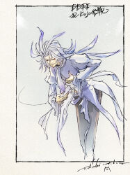  1boy ascot bowing character_name closed_eyes copyright_name dissidia_duellum_final_fantasy dissidia_final_fantasy feet_out_of_frame final_fantasy final_fantasy_ix grey_pants highres itahana_toshiyuki juliet_sleeves kuja kuja_(bewitching_actor) long_hair long_sleeves male_focus nail_polish pants puffy_sleeves shirt signature smile solo white_ascot white_hair white_shirt 