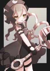  1girl animal_print bird_print black_bow black_gloves bow commentary_request cross_ornament gloves grey_hair hair_ornament hat highres magical_girl mahou_shoujo_ikusei_keikaku mahou_shoujo_ikusei_keikaku_restart nurse_cap open_mouth qoo_1025 scissors shadowgale short_hair solo wrench x_hair_ornament yellow_eyes 