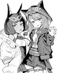  2girls animal_ears arknights bare_shoulders blunt_bangs claw_pose commentary_request cowboy_shot fingernails greyscale hair_tubes hand_up highres hood hood_up hooded_jacket jacket long_hair looking_at_viewer monochrome multiple_girls o-ring o-ring_thigh_strap off_shoulder pan_nap pepe_(arknights) shirt shorts simple_background single_claw_pose standing thigh_strap titi_(arknights) white_background 
