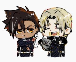  2boys belt black_gloves black_jacket brown_hair chibi chibi_only closed_eyes commentary_request cup dark-skinned_male dark_skin earrings food food_on_face forbartz_xylo gloves handkerchief holding holding_cup holding_handkerchief jacket jewelry long_sleeves male_focus multicolored_hair multiple_boys open_mouth rhyno_(yuushakei_ni_shosu) ryoezoo scar scar_across_eyebrow scar_on_face short_hair simple_background streaked_hair white_background white_belt yellow_eyes yuushakei_ni_shosu 