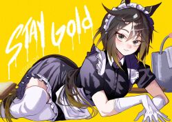  1girl animal_ears apron black_dress black_hair blush broom brown_eyes brown_hair bucket character_name colored_bangs commentary dress ear_covers frilled_apron frills gloves gradient_hair hair_between_eyes horse_ears horse_girl horse_tail long_hair looking_at_viewer lutrinachi lying maid maid_apron maid_headdress multicolored_eyes multicolored_hair on_side open_mouth puffy_sleeves simple_background smile solo stay_gold_(umamusume) streaked_hair tail thigh-highs umamusume white_apron white_gloves white_thighhighs yellow_background 