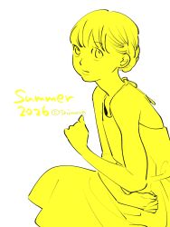  1girl aldnoah.zero bare_arms bare_shoulders braid commentary_request dress eddelrittuo expressionless halter_dress halterneck highres monochrome shimura_takako sleeveless sleeveless_dress solo squatting yellow_theme 