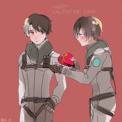  1boy 1girl aldnoah.zero amifumi_inko blush box brown_hair commentary_request embarrassed expressionless gift hand_on_own_hip happy_valentine harness heart-shaped_box hetero holding holding_gift kaizuka_inaho kiti_(ki_iti) looking_at_another mecha_pilot_suit red_background red_eyes short_hair twitter_username valentine 