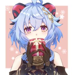  1girl ahoge bare_shoulders black_horns blue_hair border box brown_dress brown_gloves brown_sleeves commentary_request covering_own_mouth detached_sleeves dress ganyu_(genshin_impact) ganyu_(twilight_blossom)_(genshin_impact) genshin_impact gift gift_box gloves goat_girl goat_horns hair_ornament hands_up holding holding_gift horns looking_at_viewer medium_hair messy_hair multicolored_eyes multicolored_horns official_alternate_costume official_alternate_hairstyle pink_background red_horns renn_070107 sleeveless sleeveless_dress solo straight-on two-tone_eyes two-tone_horns upper_body valentine violet_eyes white_border yellow_eyes 
