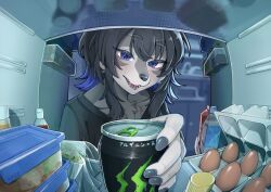  1girl black_hair blue_eyes blue_hair commentary_request egg egg_carton fisheye furry furry_female gradient_hair highres misotsuki_ayabe monster_energy multicolored_hair original refrigerator solo two-tone_hair 