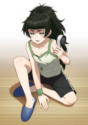  1girl commentary_request green_eyes green_hair highres hiyajou_maho science_adventure shirt shorts sleeveless sleeveless_shirt steins;gate taba_neruko 