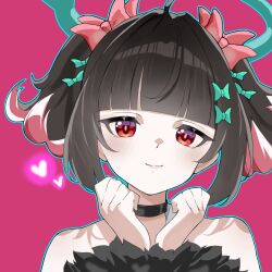  1girl arm_warmers ayahabihabi bare_shoulders black_choker black_hair blunt_bangs bow choker closed_mouth colored_inner_hair commentary green_bow green_halo hair_bow hair_ornament halo heart highres light_blush looking_at_viewer multicolored_hair multiple_hair_bows nangong_yu pink_background pink_hair portrait red_eyes simple_background smile solo striped_arm_warmers too_many_bows twintails two-tone_hair zenless_zone_zero 