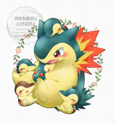  alternate_color closed_eyes cyndaquil fire flower full_body highres no_humans nostrils open_mouth pink_flower pokemon pokemon_(creature) red_eyes shiny_and_normal shiny_pokemon simple_background tsukasa_pika typhlosion watermark white_background 