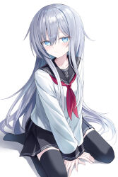  1girl anchor_symbol black_sailor_collar black_skirt black_thighhighs blue_eyes blush closed_mouth collarbone commentary full_body grey_hair hair_between_eyes hibiki_(kancolle) highres kantai_collection long_hair long_sidelocks long_sleeves looking_at_viewer neckerchief pleated_skirt red_neckerchief sailor_collar school_uniform serafuku shadow shikuro_(iorimiyakiyo) shirt sidelocks simple_background sitting skirt sleeves_past_wrists solo thigh-highs very_long_hair white_background white_shirt zettai_ryouiki 