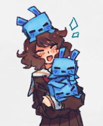  animal blub_(minecraft) brown_hair carrying curly_hair emphasis_lines happy hibike!_euphonium holding holding_animal kitauji_high_school_uniform kumiko_love7 lowres oumae_kumiko school_uniform 