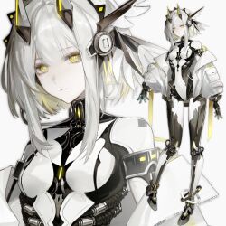  1girl android black_horns blonde_hair breasts cable closed_mouth colored_inner_hair concept_art diamond-shaped_pupils diamond_(shape) fake_head_wings floating floating_object full_body glowing glowing_horns glowing_lines glowing_pupils head_wings headgear highres horns jacket joints long_sidelocks looking_at_viewer mechanical_arms mechanical_horns mechanical_legs multicolored_hair multiple_views original rente_gu robot_joints science_fiction serious short_hair_with_long_locks shoulder_tattoo sidelocks simple_background small_breasts square_tattoo symbol-shaped_pupils tattoo tube two-tone_hair upper_body white_background white_hair white_jacket wings yellow_eyes 