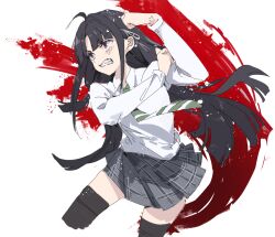  1girl ahoge awa_subaru black_hair black_thighhighs chinese_commentary clenched_teeth commentary_request diagonal-striped_clothes diagonal-striped_necktie girls_band_cry green_necktie grey_skirt hair_ribbon highres kuroduki long_hair necktie plaid_clothes plaid_skirt pleated_skirt ribbon school_uniform shirt skirt solo striped_clothes striped_necktie teeth thigh-highs violet_eyes white_background white_ribbon white_shirt zettai_ryouiki 