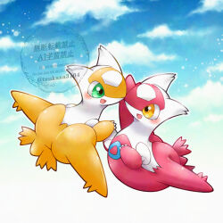  alternate_color blush claws clouds commentary_request day green_eyes highres latias no_humans open_mouth outdoors pokemon pokemon_(creature) shiny_and_normal shiny_pokemon tsukasa_pika watermark yellow_eyes 