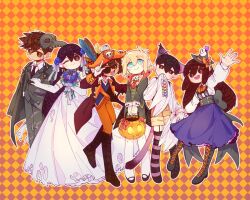 2girls 4boys alternate_eye_color animal_ears antenna_hair arm_up aubrey_(faraway)_(omori) aubrey_(omori) bad_id bad_twitter_id basil_(faraway)_(omori) basil_(omori) basket black_boots black_eyes black_gloves black_hair black_hat black_necktie black_pants black_suit blonde_hair blue_eyes blush boots bouquet bow breasts bright_pupils brother_and_sister brothers brown_eyes brown_hair closed_mouth collared_shirt commentary dark-skinned_male dark_skin double-parted_bangs dress earrings elbow_gloves eyepatch fake_animal_ears fake_tail flower forest_bunny_(omori) gloves hair_behind_ear hair_between_eyes halloween_costume hat hat_bow hat_ribbon hero_(faraway)_(omori) hero_(omori) holding holding_basket holding_bouquet holding_hands image_sample index_finger_raised jewelry kel_(faraway)_(omori) kel_(omori) knee_boots large_breasts long_hair long_sleeves looking_at_viewer mari_(faraway)_(omori) mari_(omori) mini_hat mini_witch_hat morivivi3 multiple_boys multiple_girls necktie omori one_eye_closed open_mouth orange_bow orange_hat orange_pants orange_ribbon pants pirate_costume pirate_hat ribbon shirt short_hair siblings sidelocks smile suit tail teeth tongue twitter_sample untranslatable_commentary upper_teeth_only wedding_dress white_dress white_gloves white_pupils white_shirt witch_hat 