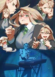  1girl absurdres blonde_hair bo_burnham commentary draco_malfoy_(redteneri) earrings english_commentary genderswap genderswap_(mtf) green_eyes green_necktie harry_potter_(series) highres hogwarts_school_uniform instrument jewelry keyboard_(instrument) long_hair microphone microphone_stand necktie open_mouth round_eyewear school_uniform shirt smug sunglasses wizarding_world ye_fan 