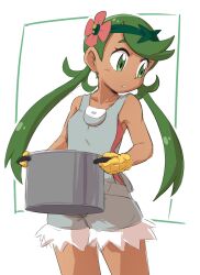  1girl absurdres bare_shoulders breasts commentary cooking_pot dark-skinned_female dark_skin english_commentary flower green_eyes green_hair green_headband grey_overalls hair_flower hair_ornament headband highres holding holding_cooking_pot julian0223 long_hair mallow_(pokemon) mittens oven_mitts overall_shorts overalls parted_lips pokemon pokemon_sun_and_moon small_breasts solo swept_bangs twintails two-tone_eyebrows yellow_mittens 