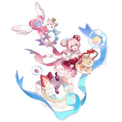  1girl ankle_socks aqua_hair bow breasts choker cookie detached_sleeves double_bun dress dress_bow food from_above fruit full_body gloves hair_bow hair_bun hair_ornament hands_up heart heart_hair_ornament highres honkai:_star_rail honkai_(series) hyacine_(honkai:_star_rail) hyacine_(warm_cotton_skies)_(honkai:_star_rail) little_ica_(honkai:_star_rail) looking_at_viewer multicolored_hair official_alternate_costume official_alternate_hairstyle official_art one_eye_closed pink_hair red_dress red_shoes shoes short_sleeves simple_background socks standing standing_on_one_leg strapless strapless_dress strawberry streaked_hair transparent_background wand white_choker white_gloves white_socks 