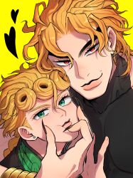  2boys alternate_universe black_nails black_shirt blonde_hair closed_mouth commentary_request dio_brando ear_piercing earrings eyelashes father_and_child father_and_son fingernails giorno_giovanna gold_bangle gold_earrings grabbing_another's_chin grabbing_another's_face green_eyes hair_between_eyes hand_on_another's_chest hand_on_another's_chin head_grab heart highres hoop_earrings jewelry jojo_no_kimyou_na_bouken komiya_harumoto long_fingernails looking_at_viewer male_focus medium_hair multiple_boys nail_polish parent_and_child piercing red_eyes shirt simple_background stardust_crusaders stud_earrings time_paradox turtleneck turtleneck_shirt vento_aureo victory_rolls yellow_background 