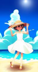  1other androgynous beach blush brown_hair closed_eyes clouds dress frisk_(undertale) hat highres honoka1250 looking_at_viewer non-web_source ocean open_mouth outdoors sandals seaside shore short_hair sky sleeveless smile solo spaghetti_strap standing straw_hat summer sun_hat sundress sunlight undertale utdr_(toby_fox) waves white_dress wind 