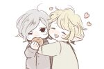  2boys ^_^ affectionate blonde_hair blush cheek-to-cheek chibi closed_eyes dungeon_meshi eating elf food grey_hair hand_up happy heads_together heart holding holding_food long_sleeves looking_at_viewer male_focus mithrun mithrun&#039;s_brother multiple_boys pajamas pointy_ears r06ku short_hair simple_background uneven_eyes upper_body white_background 