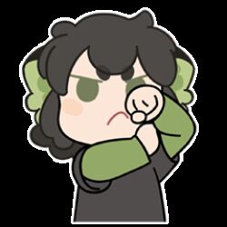  1boy animal_ears animated animated_gif black_shirt cat_boy cat_ears chibi chibi_only closed_mouth green_eyes green_shirt long_sleeves lowres luo_xiaohei luo_xiaohei_(human) male_focus official_art shirt simple_background solo steam_from_nose sticker_(medium) the_legend_of_luo_xiaohei white_background 