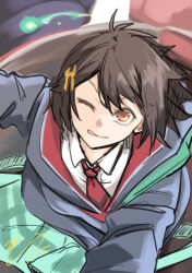  1girl backpack bag black_hair commentary_request dynamic_pose hair_ornament highres hood hoodie jacket marvel marvel_tokon:_fighting_souls mecha necktie one_eye_closed peni_parker robot school_uniform shirt short_hair signature skirt sp//dr spider-man_(series) white_shirt yellow_eyes zouni_(asahi_ruyoru) 