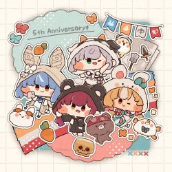  4girls :d ;) ;d ameya_(kappadoll) animal_hood anniversary bear_hood blonde_hair blue_hair blush_stickers carrot chibi chibi_only closed_mouth commentary_request cow_hood fang full_body green_eyes grey_hair grid_background hand_up heterochromia highres hololive hololive_fantasy hood hood_up houshou_marine long_hair looking_at_viewer multicolored_hair multiple_girls one_eye_closed open_mouth orange_eyes outline pekomon_(usada_pekora) rabbit_hood red_eyes red_hair shiranui_flare shirogane_noel short_hair skin_fang smile streaked_hair streamers sword usada_pekora virtual_youtuber weapon white_outline white_streaks yellow_eyes 