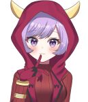  1girl api_peko bangs blush closed_mouth commentary_request courtney_(pokemon) fake_horns gloves hand_up heart heart_in_eye highres hood hood_up horned_headwear horns logo looking_at_viewer pokemon pokemon_(game) pokemon_oras purple_hair short_hair simple_background smile solo symbol_in_eye team_magma team_magma_uniform upper_body violet_eyes white_background 