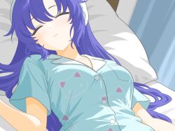  1girl animal_print blue_archive blue_shirt cat_print closed_eyes closed_mouth commentary_request hairband highres long_hair majikichi915 official_alternate_costume purple_hair shirt short_sleeves sleeping solo very_long_hair white_hairband yuuka_(blue_archive) yuuka_(pajamas)_(blue_archive) 