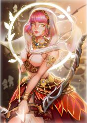  1girl arabian_clothes armlet arrow_(projectile) artist_name bare_shoulders beads belt blunt_bangs bow_(weapon) bracelet braid bright_pupils cloak commentary cowboy_shot crop_top drawing_bow earrings energy_arrow english_commentary eyelashes floating_cape gold_armlet gold_bracelet gold_earrings gold_necklace hair_beads hair_ornament hair_through_hood hairband happy highres holding holding_arrow holding_bow_(weapon) holding_weapon hood hood_up hooded_cloak hoop_earrings infinity_nikki jewelry layered_skirt leaf lipstick long_skirt looking_at_viewer makeup midriff multicolored_hairband multiple_bracelets mushroom navel necklace nikki_(nikki) nikki_(series) nostrils outdoors outline parted_lips pink_hair pink_lips pleated_skirt purifying_wind_(infinity_nikki) red_skirt ronya_sanzoku shirt short_hair shroomling_(infinity_nikki) side_braids skirt sleeveless sleeveless_shirt smile solo sparkle standing sunset thick_eyebrows tree watermark weapon white_cloak white_outline white_pupils white_shirt white_skirt yellow_belt yellow_eyes 