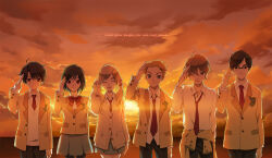  2girls 4boys :p ;p ahoge aldnoah.zero amifumi_inko black_hair black_pantyhose blazer blonde_hair bow bowtie brown_eyes brown_hair calm_craftman cardigan chino_kawashiku closed_eyes clothes_around_waist glasses green_eyes grey_skirt highres jacket jacket_around_waist kaizuka_inaho long_hair loose_necktie matsuribi_kisaki multiple_boys multiple_girls necktie nina_klein ocean one_eye_closed orange_hair outdoors over-rim_eyewear pantyhose pink_scrunchie pleated_skirt red_bow red_bowtie red_eyes salute school_uniform scrunchie semi-rimless_eyewear short_hair skirt sky smile sunset sweater_vest swept_bangs teeth three-finger_salute tongue tongue_out tsumugi_yutaro twintails upper_teeth_only very_short_hair violet_eyes 