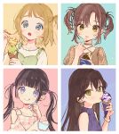  4girls :o bangle bangs blue_eyes blunt_bangs blush bow bracelet brown_hair clothing_cutout criss-cross_halter cup double_scoop dress earrings food frilled_dress frills green_eyes hair_ornament hair_ribbon hair_tie hairclip halterneck highres holding holding_cup holding_ice_cream holding_spoon hoop_earrings ice_cream ice_cream_cone ice_cream_cup jewelry licking long_hair looking_at_viewer mameyanagi multicolored_hair multiple_girls nail_polish o-ring off-shoulder_dress off_shoulder one_side_up open_mouth original parted_bangs pinafore_dress pink_hair plaid plaid_dress polka_dot_sleeves puffy_short_sleeves puffy_sleeves ribbon see-through see-through_sleeves short_hair short_ponytail short_sleeves shoulder_cutout skirt sleeveless sleeveless_turtleneck smile spoon streaked_hair sweat sweater tongue tongue_out triple_scoop turtleneck turtleneck_sweater twintails two-tone_hair very_long_hair violet_eyes yellow_eyes zipper_pull_tab 