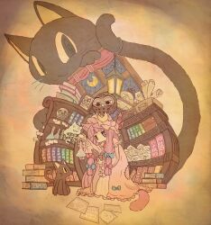  1girl animal animal_ears animal_on_head bird bird_on_head blue_bow bookshelf bow cat cat_ears cat_girl commentary_request crescent crescent_hat_ornament dress globe hair_bow hat hat_ornament highres holding_potion kemonomimi_mode lantern long_hair long_sidelocks looking_at_viewer multiple_hair_bows on_head oversized_animal owl patchouli_knowledge purple_hair red_bow robe ryouryou sepia sidelocks touhou very_long_hair window 