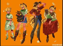  age_progression apple_print applejack applejack_(equestria_girls) blonde_hair commentary cowboy_hat cowgirl_(western) fang_wo_zou_aaaaaa food_print freckles fruit_print full_body green_eyes hat highres long_hair low-tied_long_hair multicolored_hair multiple_costumes multiple_hairstyles multiple_views my_little_pony my_little_pony:_equestria_girls my_little_pony:_friendship_is_magic old old_woman smile 