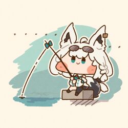  ... 1girl ahoge ameya_(kappadoll) animal_ear_fluff animal_ears braid chibi chibi_only commentary_request eyewear_on_head fishing fishing_rod fox_ears fox_girl fox_tail full_body green_eyes hololive outline shirakami_fubuki short_hair single_braid sitting solo sunglasses tail virtual_youtuber water white_hair white_outline 
