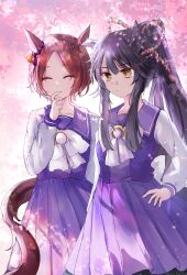  2girls ^_^ bandaid bandaid_on_face bandaid_on_nose black_hair bow bowtie brown_hair closed_eyes closed_mouth commentary_request cowboy_shot ear_ornament expressive_hair falling_petals horse_girl horse_tail kazu_(muchuukai) long_hair multiple_girls narita_brian_(umamusume) parted_lips petals pink_petals pleated_skirt ponytail purple_sailor_collar purple_shirt purple_skirt sailor_collar sakura_laurel_(umamusume) school_uniform shirt short_hair sidelocks skirt smile tail tracen_school_uniform umamusume white_bow white_bowtie winter_uniform yellow_eyes 
