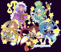  5girls arrow_(projectile) bag balance_scale belt black_background black_pants black_shirt blonde_hair blue_cape blue_coat blue_eyes blue_hair blue_hat blue_shorts blue_sleeves book boots bow bow_(weapon) bracer braid brown_belt brown_hair cape cape_hold capelet closed_mouth coat commentary_request crop_top curled_horns dark-skinned_female dark_skin detached_sleeves dot_mouth drawing_bow dress earrings facial_mark flask flower fluffy_hair gloves gradient_hair green_boots green_cape green_eyes green_hair green_hat green_skirt green_sleeves grey_scarf hair_bow hair_flower hair_ornament hairband hand_on_hilt hand_up hat hat_ornament holding holding_arrow holding_book holding_bow_(weapon) holding_own_dress holding_staff holding_weapon hood hood_down hooded_cape horns jewelry juliet_sleeves layered_skirt long_hair long_sleeves looking_at_viewer magic_circle medium_hair mitre multicolored_hair multiple_belts multiple_girls neva_(puyopuyo) official_style one_eye_closed open_book orange_cape outstretched_arm pants parted_lips pelvic_curtain pimyuhuwa pink_boots pink_bow pink_eyes ponytail puffy_shorts puffy_sleeves purple_capelet purple_dress purple_hair purple_hairband puyopuyo puyopuyo_quest raum_(puyopuyo) red_hair red_shoes resta_(puyopuyo) rope round-bottom_flask sagey_(puyopuyo) sash scarf shirt shoes shorts shoulder_bag sidelocks simple_background skirt sleeveless sleeveless_coat sleeveless_shirt sleeves_past_wrists smile spille_(puyopuyo) staff standing star_(symbol) star_hat_ornament sword thigh_boots tiara twitter_username two-sided_cape two-sided_fabric two-tone_hair v-shaped_eyebrows vertical-striped_sleeves very_long_braid very_long_hair violet_eyes waist_cape weapon weighing_scale white_boots white_cape white_flower white_gloves white_hair white_shirt white_skirt wide_sleeves yellow_bag yellow_eyes yellow_sash yellow_shirt yellow_skirt 