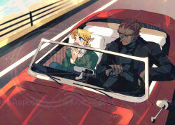  2boys black_jacket black_shirt blonde_hair burger car closed_mouth convertible driving eating food ganondorf green_sweater highres jacket link male_focus motor_vehicle multiple_boys outdoors pointy_ears pointy_nose rani_grb red_hair road shirt shore short_hair sweater the_legend_of_zelda the_legend_of_zelda:_ocarina_of_time watermark white_shirt yellow_eyes 